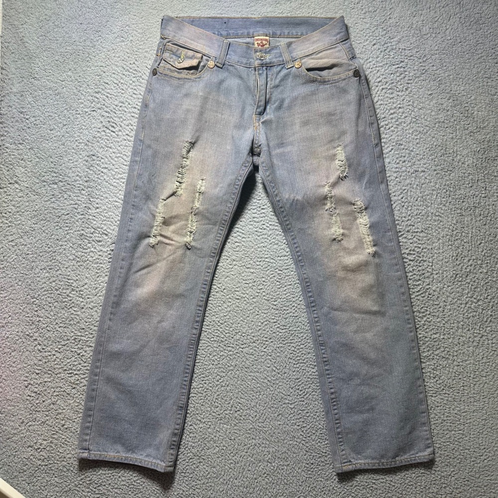 True Religion Billy Super T Jeans Men 34 USA Made Distressed Light Wash Flap
